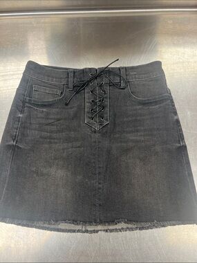 Lace-Up Black Denim Mini Skirt w/ button inside